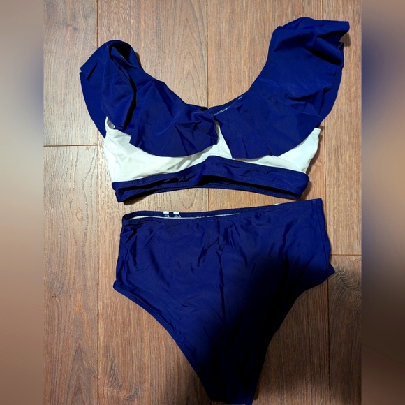 SHEIN | two piece matching set swimsuit, high waist, NWT, medium, navy & white - Picture 2 of 3